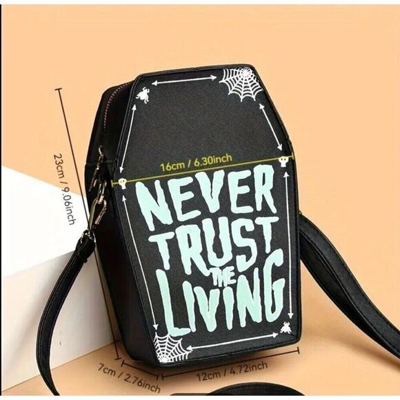 Never Trust The Living Coffin Purse Gothic Halloween Crossbody Handbag NEW - Picture 4 of 5